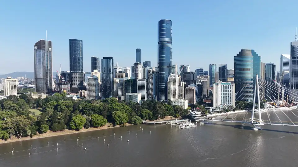 Aerial view of the Brisbane CBD skyline across the river on a clear day